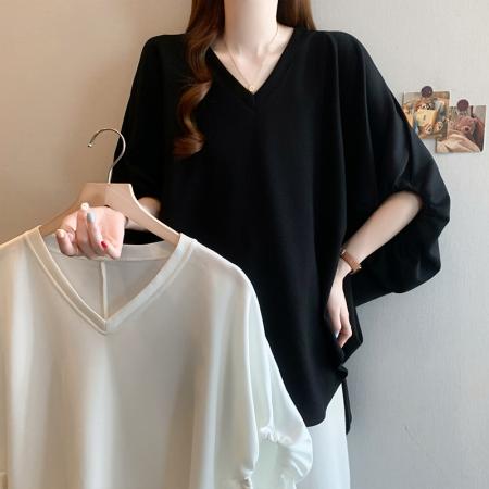 BY13740# 夏新款大码时尚不规则设计宽松显瘦休闲纯色百搭T恤上衣  服裝批發女裝批發服飾貨源