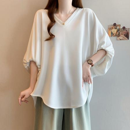 BY13740# 夏新款大码时尚不规则设计宽松显瘦休闲纯色百搭T恤上衣  服裝批發女裝批發服飾貨源