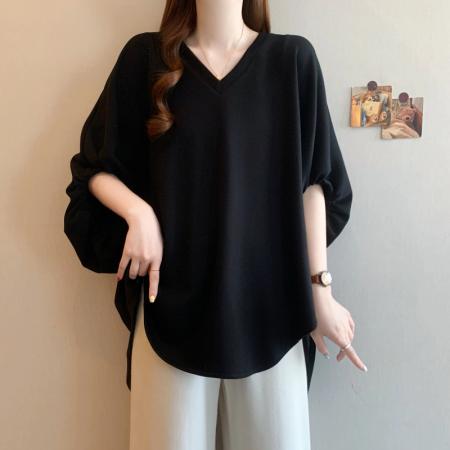 BY13740# 夏新款大码时尚不规则设计宽松显瘦休闲纯色百搭T恤上衣  服裝批發女裝批發服飾貨源