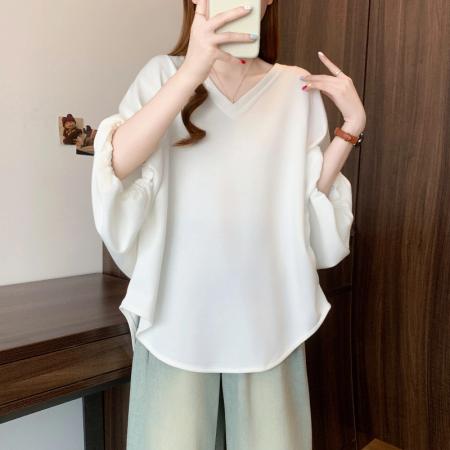 BY13740# 夏新款大码时尚不规则设计宽松显瘦休闲纯色百搭T恤上衣  服裝批發女裝批發服飾貨源