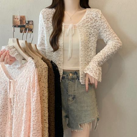 BY13741# 夏季新款系绳透气针织防晒衫披肩大码显瘦百搭罩衫上衣  服裝批發女裝批發服飾貨源