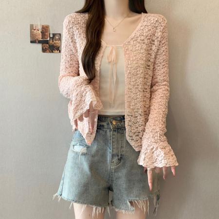 BY13741# 夏季新款系绳透气针织防晒衫披肩大码显瘦百搭罩衫上衣  服裝批發女裝批發服飾貨源