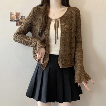 BY13741# 夏季新款系绳透气针织防晒衫披肩大码显瘦百搭罩衫上衣  服裝批發女裝批發服飾貨源