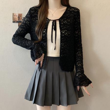 BY13741# 夏季新款系绳透气针织防晒衫披肩大码显瘦百搭罩衫上衣  服裝批發女裝批發服飾貨源