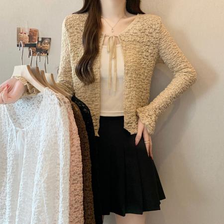 BY13741# 夏季新款系绳透气针织防晒衫披肩大码显瘦百搭罩衫上衣  服裝批發女裝批發服飾貨源