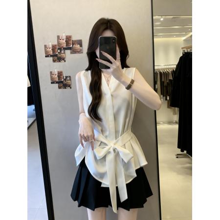 BY13742# 夏季新款无袖系绳法式百搭衬衫女大码显瘦遮肉洋气上衣  服裝批發女裝批發服飾貨源