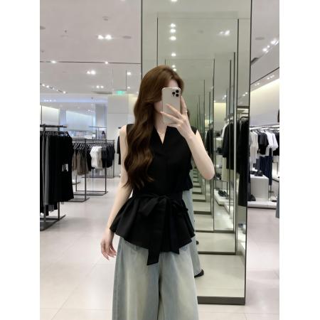 BY13742# 夏季新款无袖系绳法式百搭衬衫女大码显瘦遮肉洋气上衣  服裝批發女裝批發服飾貨源