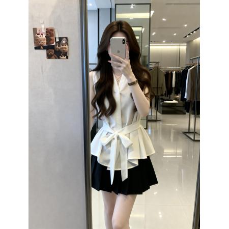 BY13742# 夏季新款无袖系绳法式百搭衬衫女大码显瘦遮肉洋气上衣  服裝批發女裝批發服飾貨源