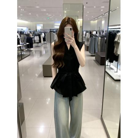 BY13742# 夏季新款无袖系绳法式百搭衬衫女大码显瘦遮肉洋气上衣  服裝批發女裝批發服飾貨源