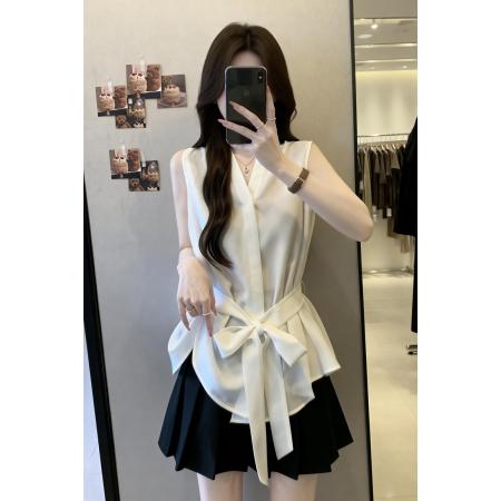 BY13742# 夏季新款无袖系绳法式百搭衬衫女大码显瘦遮肉洋气上衣  服裝批發女裝批發服飾貨源