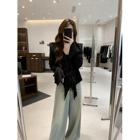 BY13743# 春夏新款翻领系带法式小设计百搭衬衫女大码显瘦遮肉上衣  服裝批發女裝批發服飾貨源