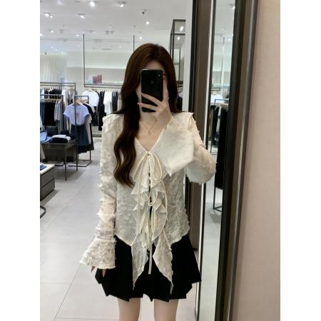 BY13743# 春夏新款翻领系带法式小设计百搭衬衫女大码显瘦遮肉上衣  服裝批發女裝批發服飾貨源