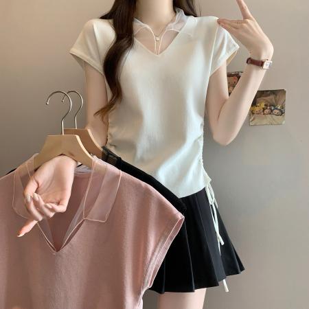 BY13745# 夏季新款V领网纱拼接收腰针织衫女大码显瘦百搭冰丝上衣  服裝批發女裝批發服飾貨源