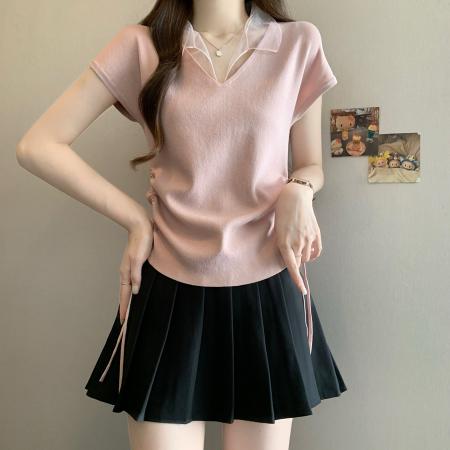 BY13745# 夏季新款V领网纱拼接收腰针织衫女大码显瘦百搭冰丝上衣  服裝批發女裝批發服飾貨源