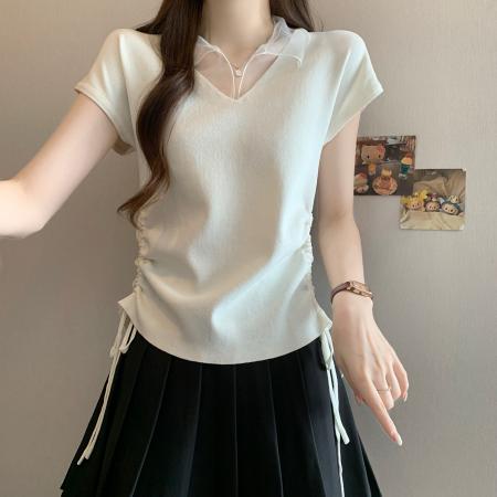 BY13745# 夏季新款V领网纱拼接收腰针织衫女大码显瘦百搭冰丝上衣  服裝批發女裝批發服飾貨源