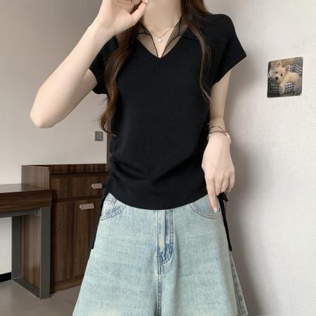 BY13745# 夏季新款V领网纱拼接收腰针织衫女大码显瘦百搭冰丝上衣  服裝批發女裝批發服飾貨源