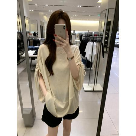 BY13746# 夏季新款抽绳个性设计慵懒风针织T恤女大码宽松百搭上衣  服裝批發女裝批發服飾貨源