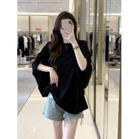 BY13746# 夏季新款抽绳个性设计慵懒风针织T恤女大码宽松百搭上衣  服裝批發女裝批發服飾貨源