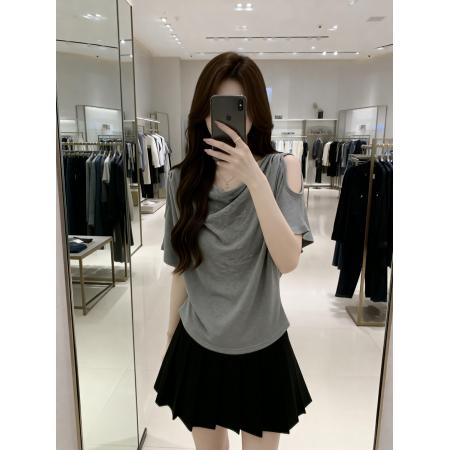 BY13747# 夏季新款露肩小心机设计百搭针织T恤女大码休闲显瘦上衣  服裝批發女裝批發服飾貨源