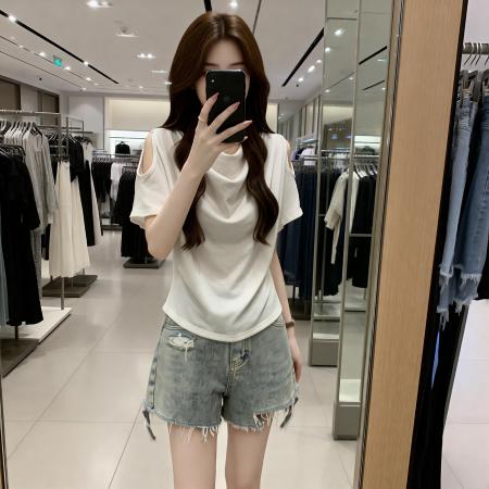 BY13747# 夏季新款露肩小心机设计百搭针织T恤女大码休闲显瘦上衣  服裝批發女裝批發服飾貨源