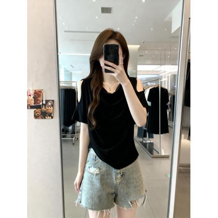 BY13747# 夏季新款露肩小心机设计百搭针织T恤女大码休闲显瘦上衣  服裝批發女裝批發服飾貨源