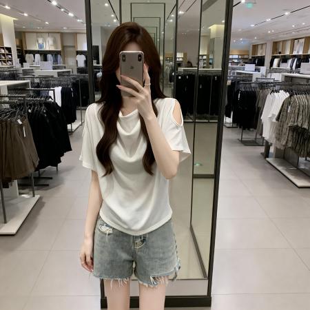 BY13747# 夏季新款露肩小心机设计百搭针织T恤女大码休闲显瘦上衣  服裝批發女裝批發服飾貨源