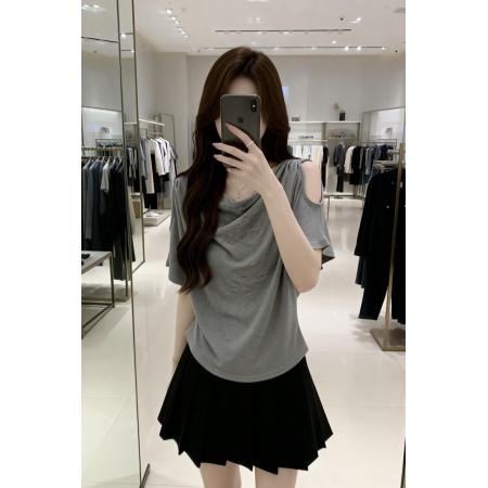 BY13747# 夏季新款露肩小心机设计百搭针织T恤女大码休闲显瘦上衣  服裝批發女裝批發服飾貨源