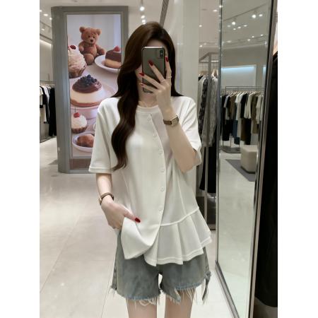 BY13748# 夏季新款个性短袖不规则衬衣女大码百搭显瘦压褶单上衣  服裝批發女裝批發服飾貨源