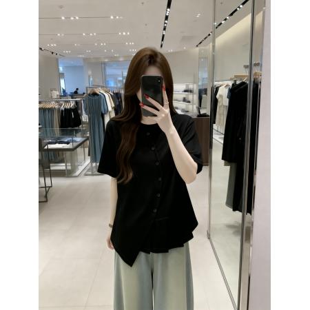 BY13748# 夏季新款个性短袖不规则衬衣女大码百搭显瘦压褶单上衣  服裝批發女裝批發服飾貨源