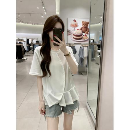 BY13748# 夏季新款个性短袖不规则衬衣女大码百搭显瘦压褶单上衣  服裝批發女裝批發服飾貨源