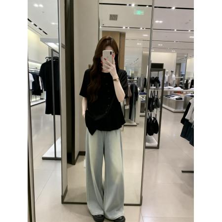 BY13748# 夏季新款个性短袖不规则衬衣女大码百搭显瘦压褶单上衣  服裝批發女裝批發服飾貨源