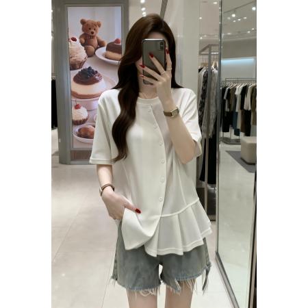 BY13748# 夏季新款个性短袖不规则衬衣女大码百搭显瘦压褶单上衣  服裝批發女裝批發服飾貨源