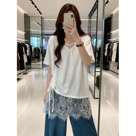 BY13749# 夏季新款V领蕾丝拼接抽绳T恤女大码百搭休闲显瘦单上衣  服裝批發女裝批發服飾貨源