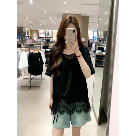 BY13749# 夏季新款V领蕾丝拼接抽绳T恤女大码百搭休闲显瘦单上衣  服裝批發女裝批發服飾貨源