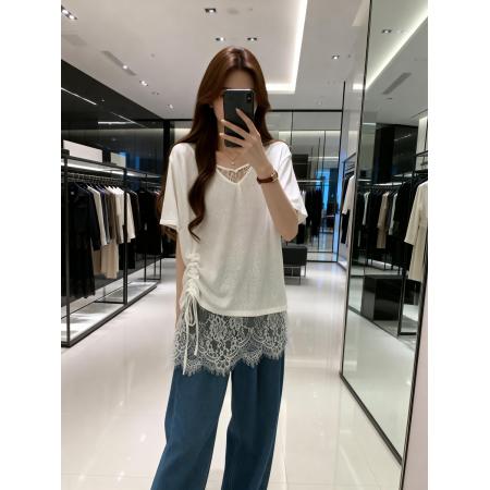 BY13749# 夏季新款V领蕾丝拼接抽绳T恤女大码百搭休闲显瘦单上衣  服裝批發女裝批發服飾貨源