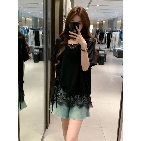 BY13749# 夏季新款V领蕾丝拼接抽绳T恤女大码百搭休闲显瘦单上衣  服裝批發女裝批發服飾貨源