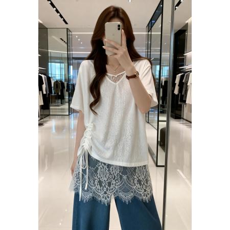 BY13749# 夏季新款V领蕾丝拼接抽绳T恤女大码百搭休闲显瘦单上衣  服裝批發女裝批發服飾貨源