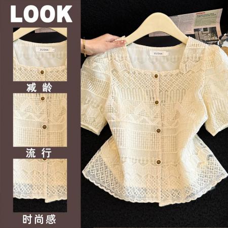BY13750# 款设计感镂空短袖衬衫女装显瘦遮肚子上衣法式方领气质小衫  服裝批發女裝批發服飾貨源