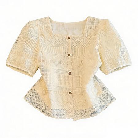 BY13750# 款设计感镂空短袖衬衫女装显瘦遮肚子上衣法式方领气质小衫  服裝批發女裝批發服飾貨源