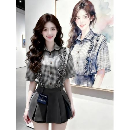 BY13751# 韩系chic套装女夏季新款设计感木耳边格子衬衣百褶短裙两件套  服裝批發女裝批發服飾貨源