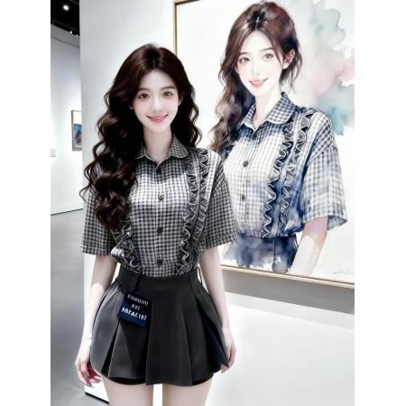 BY13751# 韩系chic套装女夏季新款设计感木耳边格子衬衣百褶短裙两件套  服裝批發女裝批發服飾貨源