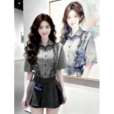 BY13751# 韩系chic套装女夏季新款设计感木耳边格子衬衣百褶短裙两件套  服裝批發女裝批發服飾貨源