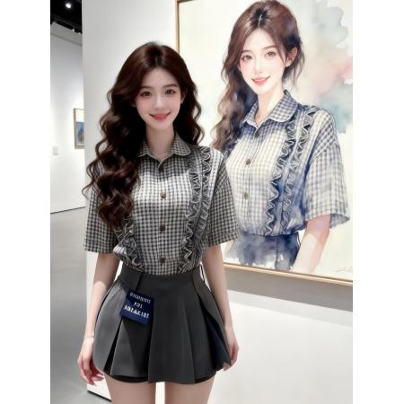BY13751# 韩系chic套装女夏季新款设计感木耳边格子衬衣百褶短裙两件套  服裝批發女裝批發服飾貨源