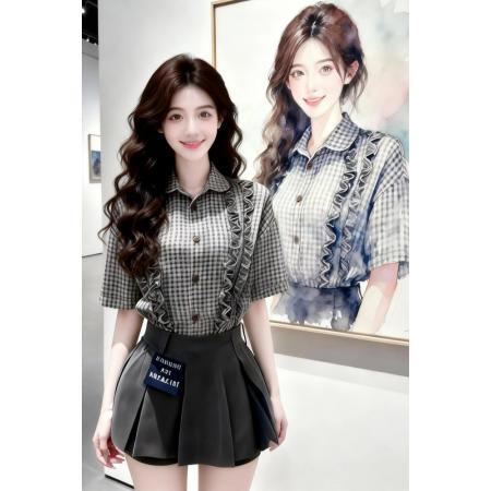 BY13751# 韩系chic套装女夏季新款设计感木耳边格子衬衣百褶短裙两件套  服裝批發女裝批發服飾貨源