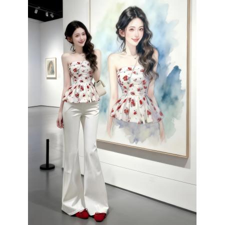 BY13752# 夏装搭配一整套女韩系chic别致穿搭碎花抹胸上衣微喇牛仔裤两件套  服裝批發女裝批發服飾貨源