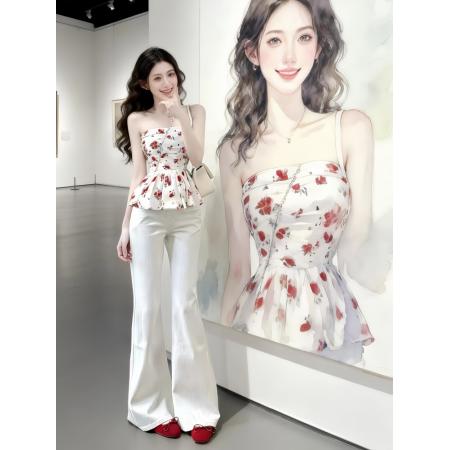BY13752# 夏装搭配一整套女韩系chic别致穿搭碎花抹胸上衣微喇牛仔裤两件套  服裝批發女裝批發服飾貨源