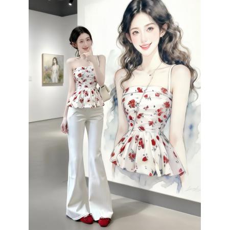 BY13752# 夏装搭配一整套女韩系chic别致穿搭碎花抹胸上衣微喇牛仔裤两件套  服裝批發女裝批發服飾貨源