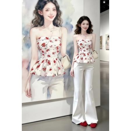 BY13752# 夏装搭配一整套女韩系chic别致穿搭碎花抹胸上衣微喇牛仔裤两件套  服裝批發女裝批發服飾貨源