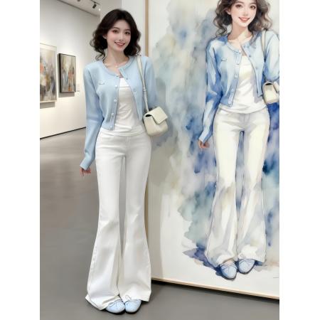 BY13754# 穿搭一整套盐系轻熟风御姐设计感巨好看吊带针织开衫牛仔裤套装女  服裝批發女裝批發服飾貨源