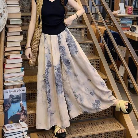 BY13755# 冰丝水墨阔腿裤裙子女夏季薄款显瘦垂感大码休闲直筒九分半身裙裤  服裝批發女裝批發服飾貨源